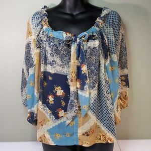 Multi-Color Pattern Blouse With Tie Detail Size L